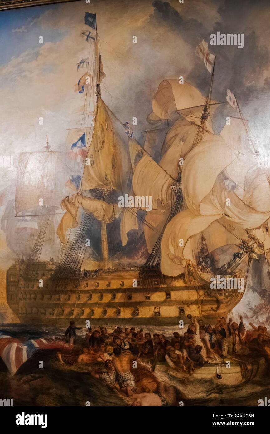 Angleterre, Londres, Greenwich, National Maritime Museum,Peinture de la bataille de Trafalgar 1805 par JMW Turner en 1822 Banque D'Images