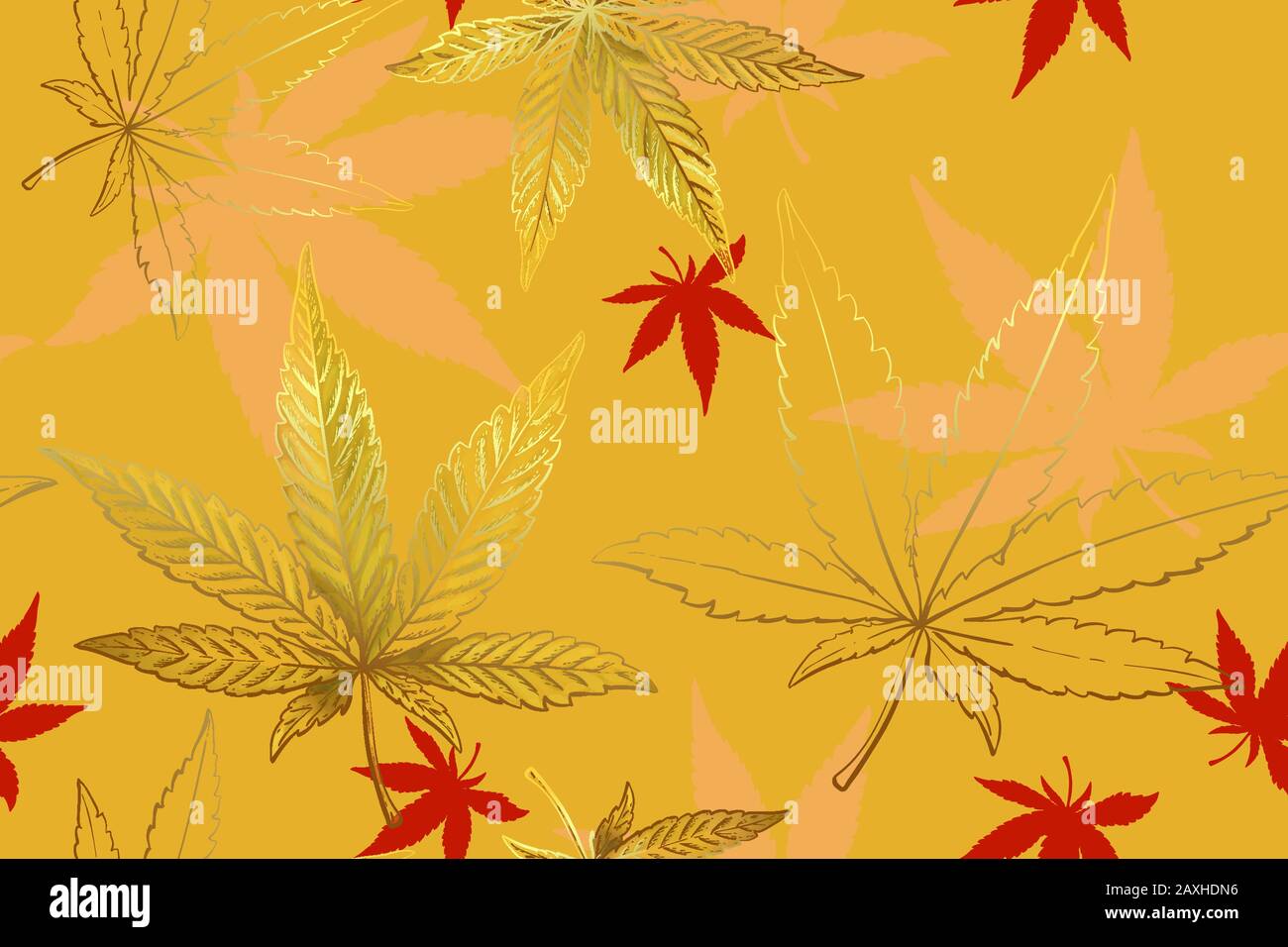 Modèle sans couture de feuilles de cannabis doré. Modèle de feuille de marijuana orange jaune. Illustration de Vecteur