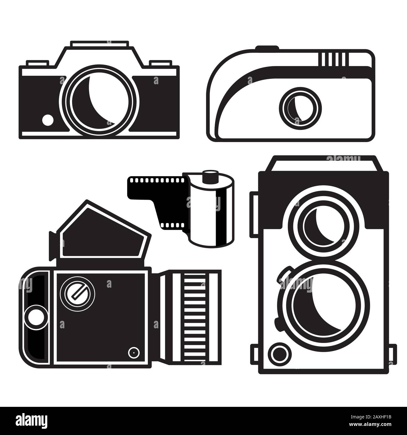 Appareil photo à film élégant. Les appareils photo rétro analogiques sont dessaissés, style caniche plat. Illustration vectorielle dessinée à la main simple. Format moyen et 35 mm f Illustration de Vecteur