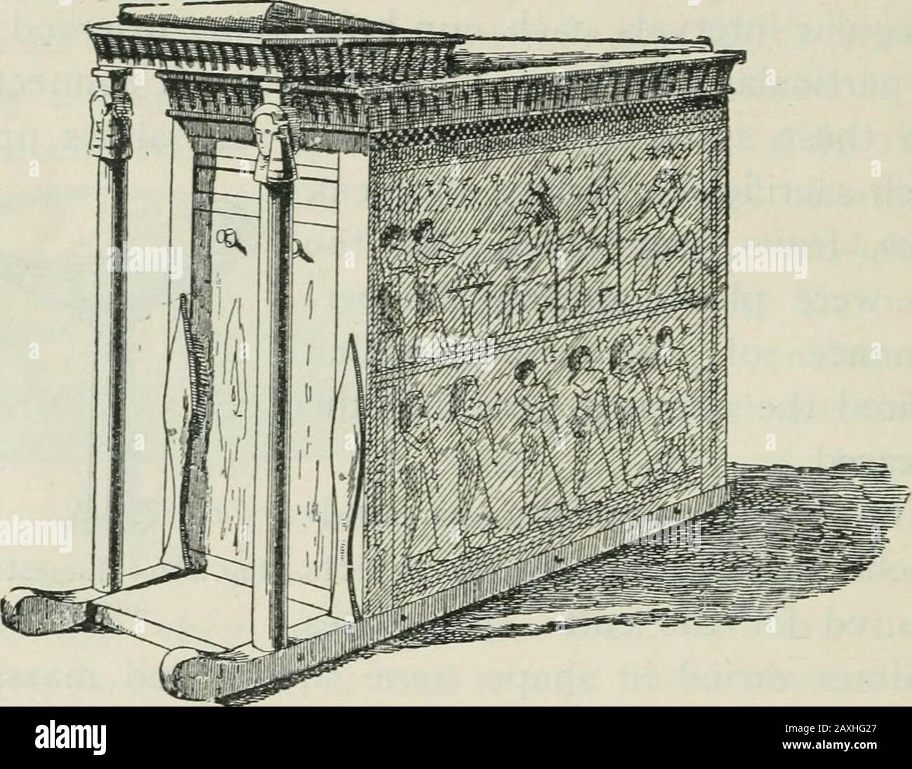 Manuel de archæology égyptien et guide de l'étude des antiquités dans EgyptFor l'utilisation des étudiants et des voyageurs . 126 ARCHITECTURE RELIGIEUSE. Toutes les fois attendues, et qui sur les festivals vérifiera contenait son image réelle. Les sacredbarks ont été construits après le modèle d'un bateau, en quelleque le soleil a poursuivi son parcours quotidien autour du monde.Au centre était le naos, recouvert d'un voile empêche les spectateurs de se tenir à l'intérieur de lui.L'équipage était complet, chaque dieu à sa nomination. Fig. 117.—naos en bois, Musée de Turin. Place, pilote à la barre, le regard sur la prow, le roi sur h Banque D'Images