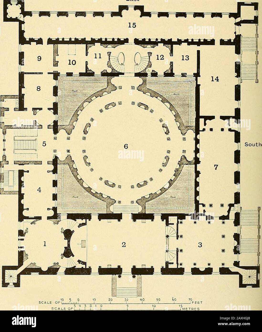 Robert Adam et ses frères; leur vie, leur travail et leur influence sur l'architecture, la décoration et le mobilier anglais. I6o LES MODIFICATIONS À SYON HOUSEEast. Fig. Po. — Plan De La Chambre Syon. (Des œuvres de Robert et James Adam.; I. Antechamber. 6. Grand salon (non effectué). I] Dressing Dukes. 2. Hall. 7- Grande Salle À Manger. 12 ,, Salle Powdering. 3. Antichambre. Dressing S. Duchesss. Salle D'Écriture L.S. 4. Salle À Manger Privée. 9. Antichambre. 14 Retrait De La Chambre. 5. Stair Principal*. 10. Chambre De Lit. 15 Galerie. Et D'AUTRES TRAVAUX CONTEMPORAINS 161 l'Antechamber ou Vestibule, le repas de l'État Banque D'Images