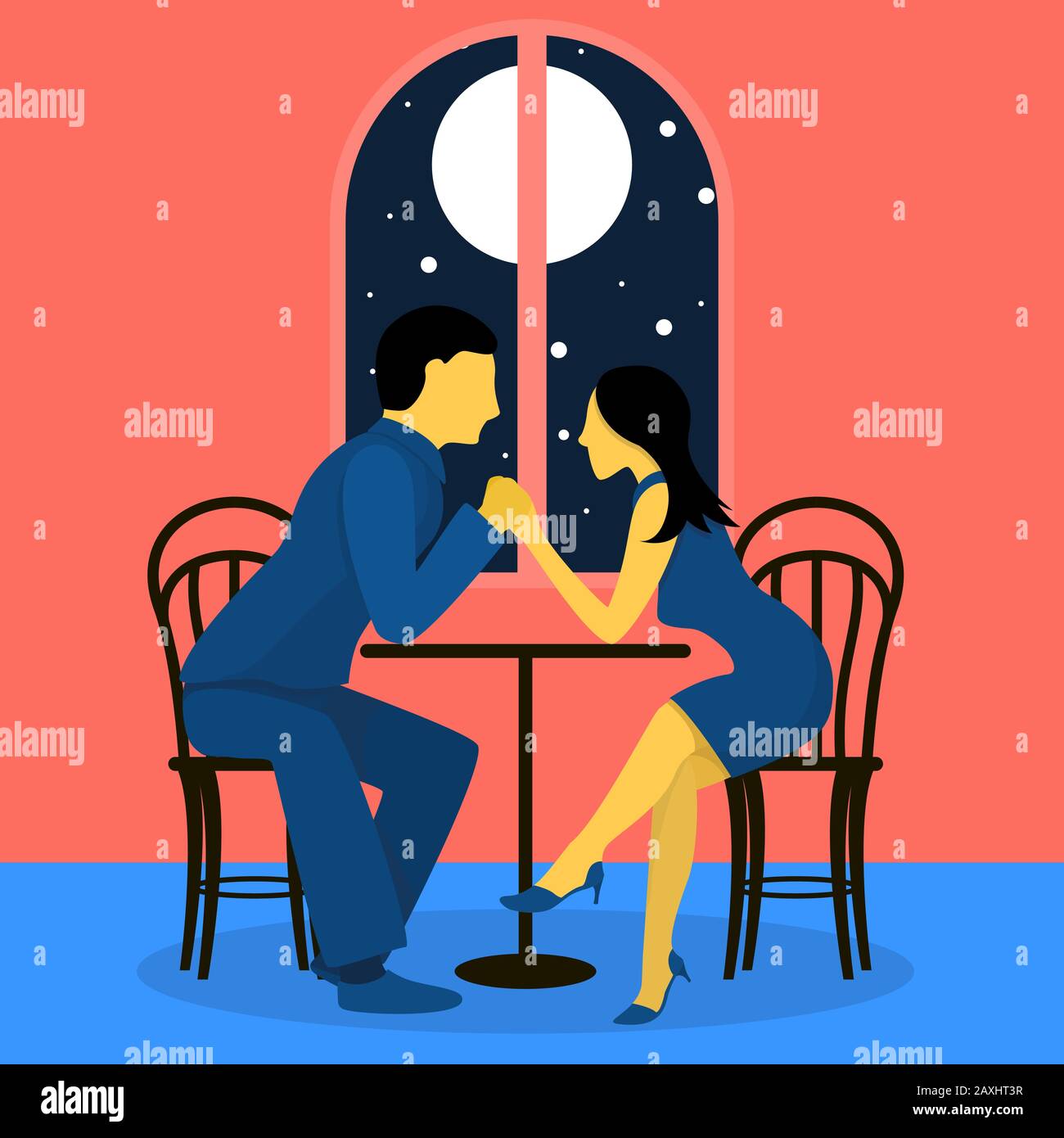 Un couple d'adorables amoureux à une table dans un café. Illustration vectorielle plate dans des couleurs tendance. Illustration de Vecteur