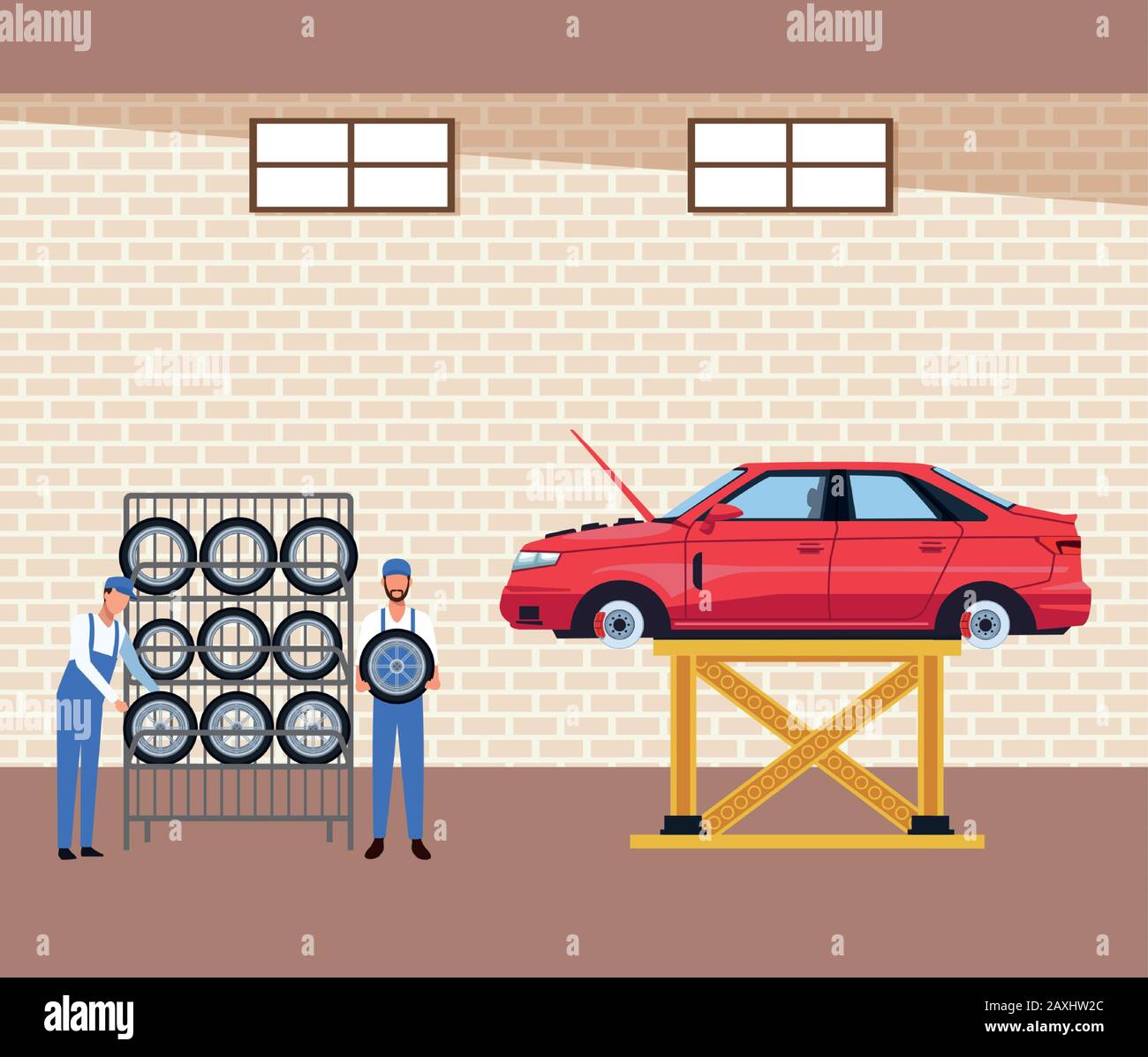 décor d'atelier de voiture avec crémaillère de pneus de voiture et mécanique  avec voiture levée Image Vectorielle Stock - Alamy