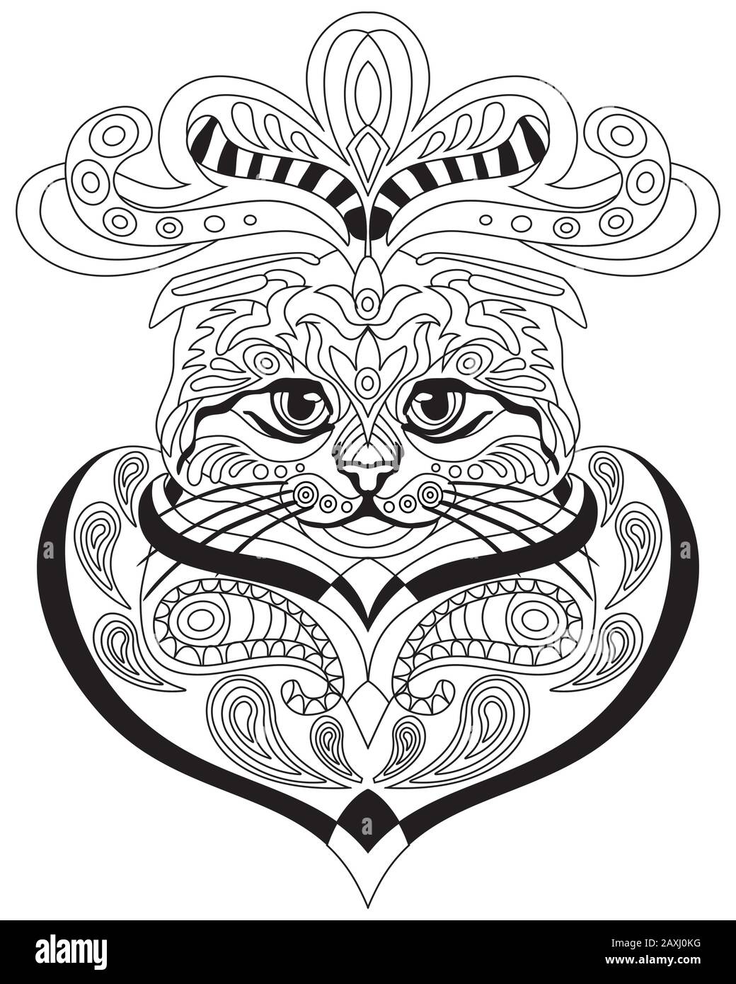 Dessin vectoriel main zentangle doodle coloriage antistress avec ornement scottish replie chat portrait isolé sur fond blanc. Illustration pour déc Illustration de Vecteur