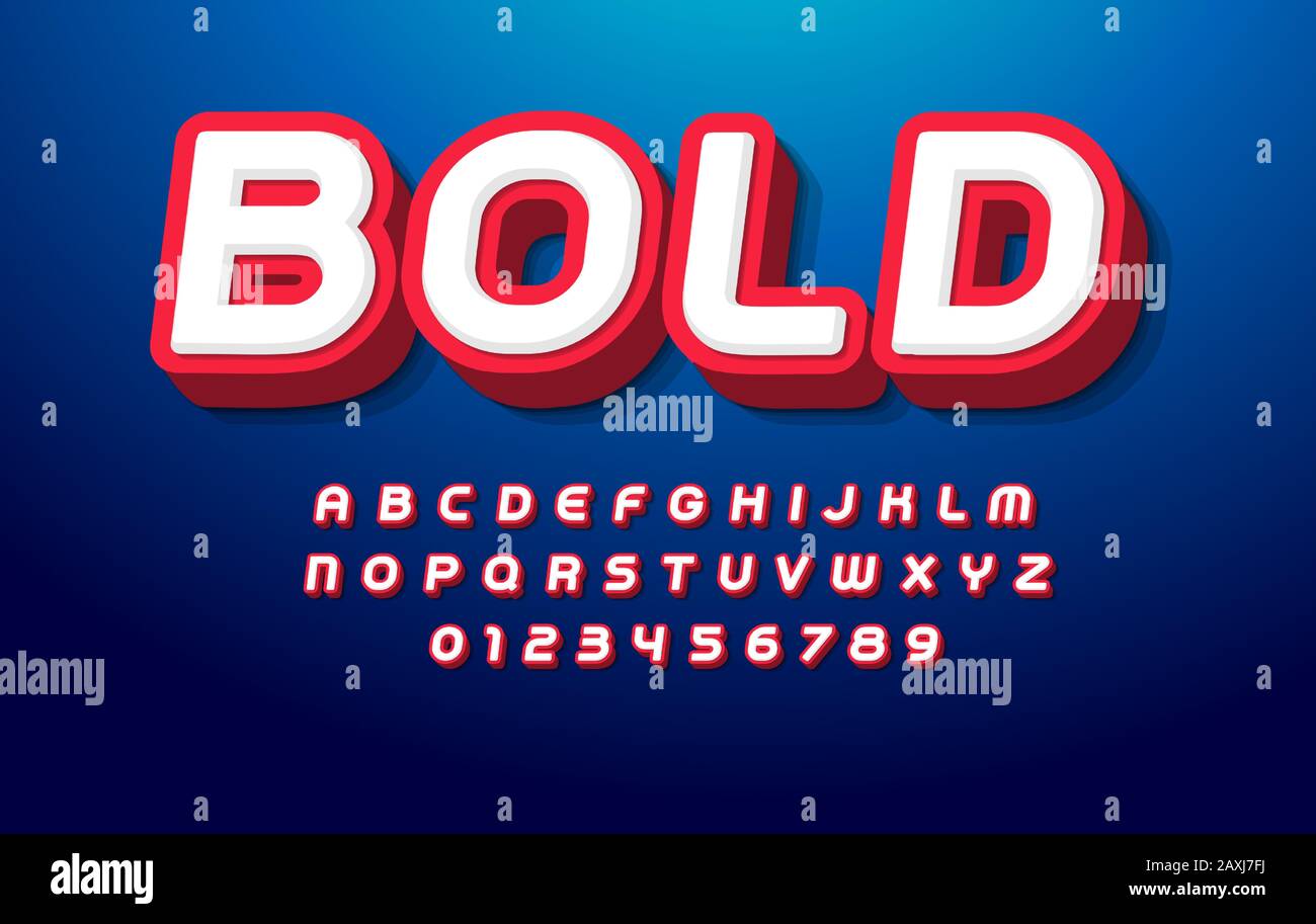 Alphabet en relief. Police pop art, type lourd pour le monogramme moderne super héros, le logo du prix, la bande dessinée, l'affiche et la bannière amusantes et fraîches. Style d'extrusion Illustration de Vecteur