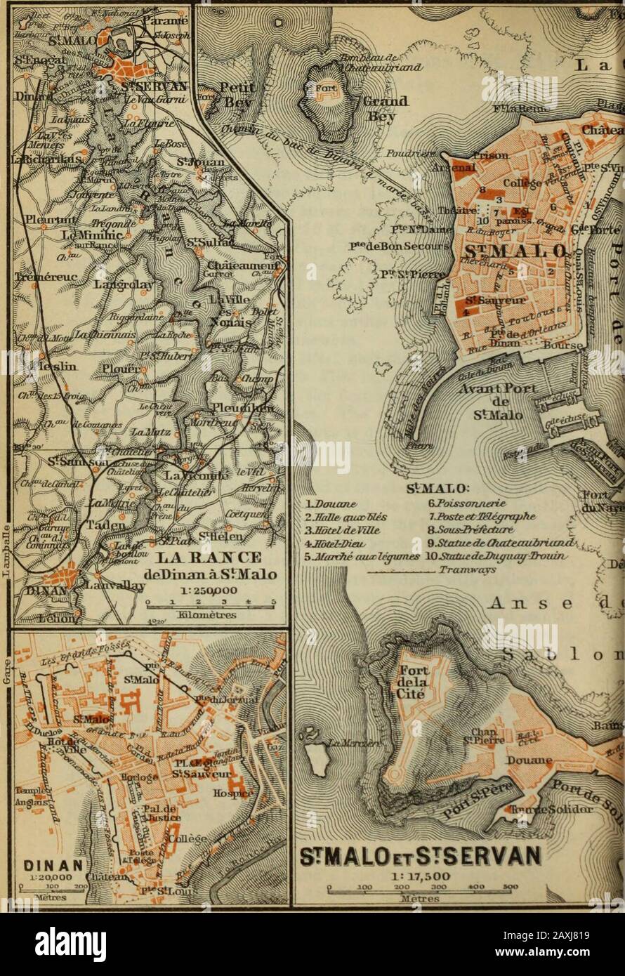 France du Nord : de Belgique et de la Manche à la Loire, à l'exclusion de Paris et de ses environs : manuel pour les voyageurs . il a perdu la statue et est otherwisemutilated. Dans l'abside se trouve une belle chapelle dédiée à Saint-Samson. Excursion-pauses (2 fr. Par pers.) quittez le Grand Hôtel à 9h30, et 13h30 et visitez la cathédrale, le Mont Dol et le champ Dolent. Près de Carfantain^ ahout 11/4 M. à la S.E., est la pierre de Dol ou ofchamp Dolent, un menhir de 30 pieds de haut, surmonté par une croix. — A Propos de l^/* M.à la N. est le Marais de Dol, une plaine fertile inondée en 709 mais re-c Banque D'Images