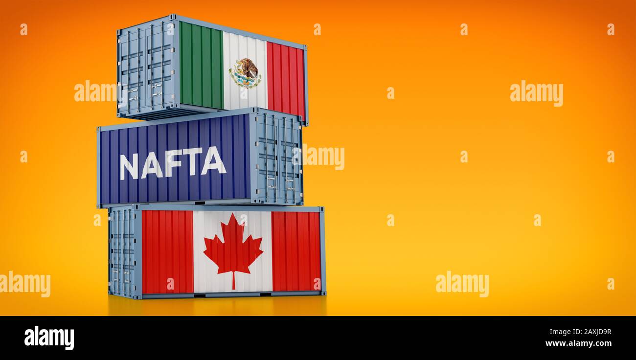 Conteneurs de fret avec les drapeaux nationaux du Canada et du Mexique et un avec le mot Accord de libre-échange nord-américain de l'ALENA - 3 D-rendu Banque D'Images