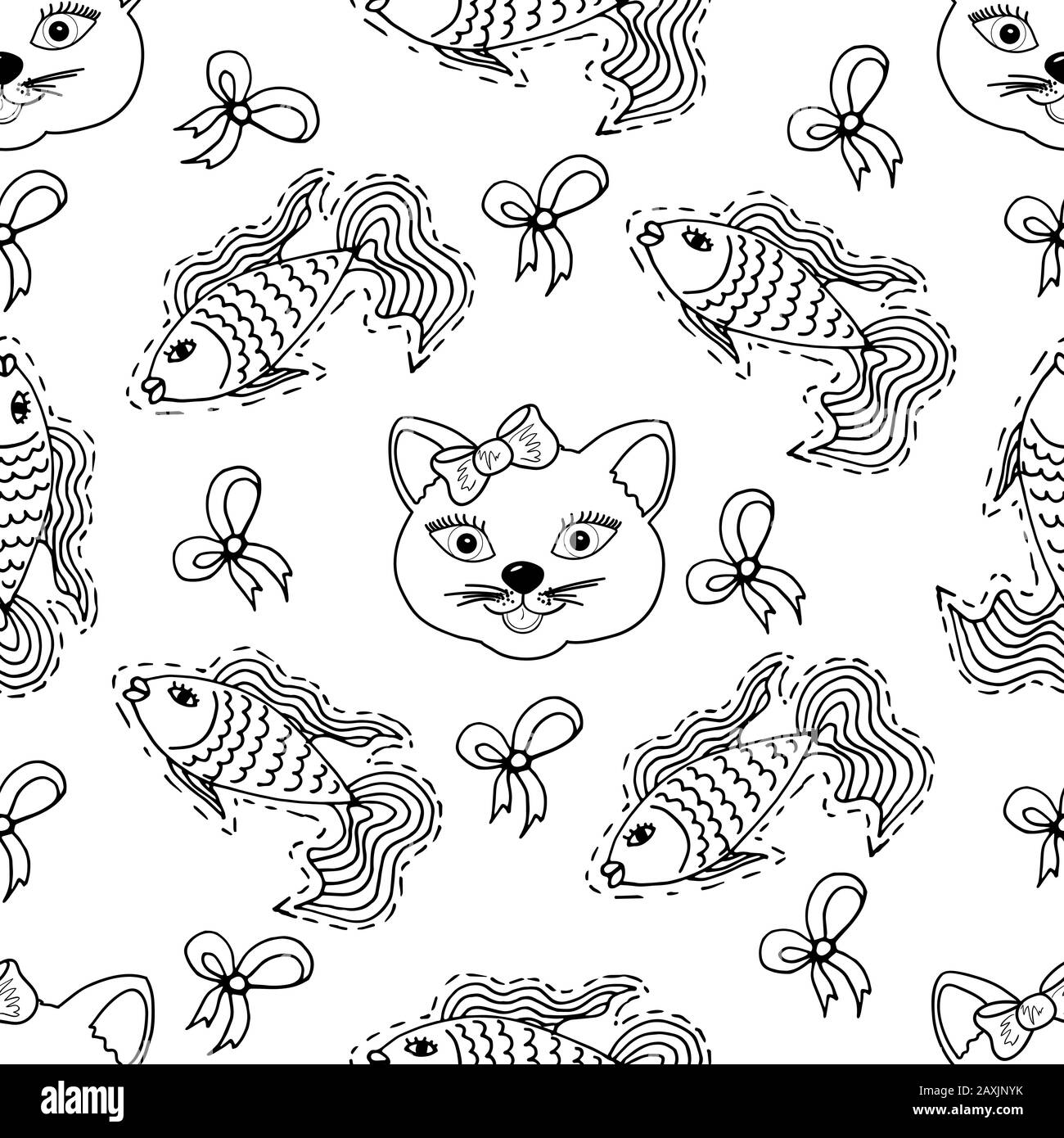 Enfants, motif sans couture sur le dessin de dessin animé. Belles photos. Skarpbuking. Chat, chaton, poisson, poisson rouge, arcs Illustration de Vecteur