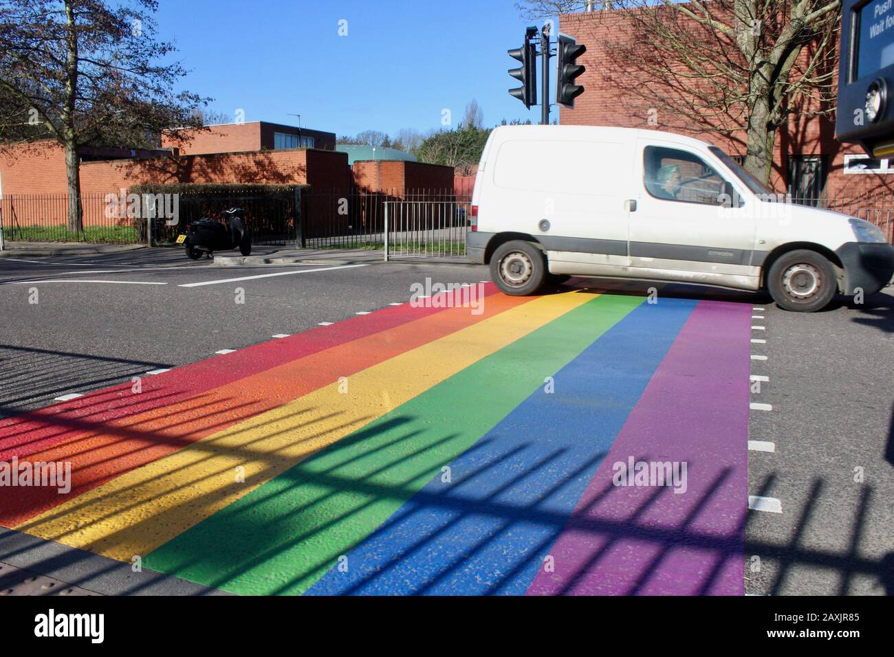 L'arc-en-ciel a peint LBGTQ en soutien à la traversée piétonne à l'extérieur du lycée de woodside haringey bois vert londres Royaume-Uni Banque D'Images