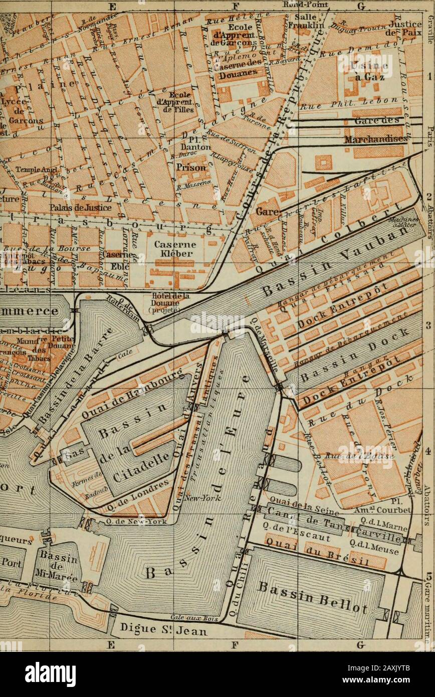 France du Nord : de Belgique et de la Manche à la Loire, à l'exclusion de Paris et de ses environs : manuel à l'intention des voyageurs . Tombe et Imprime par. Wa4ner&Del)es, Leipzig. LE HAVRE. 6. Itinéraire. 61 fin des cours de la République (PI. G-, 1), au Cimetiere Ste. Marie(p. 64). Bateaux à vapeur, à partir du Grand Quai (PI. C, D, 4), à ffonteur(p. 172) deux fois par jour, en 3/4 h. (tarifs 2 fr., 1 fr. 10, 60 c.); à Rouen, dailyor tous les deux jours en été, en 7-8 heures. (p. 59); à Trouville (p. 173), trois ou quatre fois par jour pendant la saison, en 3/4 h. (tarifs 3 fr., 1 fr. 60,85 c.); à Caen (p Banque D'Images