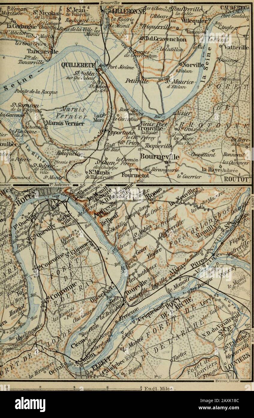 France du Nord : de Belgique et de la Manche à la Loire, à l'exclusion de Paris et de ses environs : manuel à l'intention des voyageurs . Craic eLiuiprimo j&gt;Aiwa^ni&gt;r vDebo.s ,U-ip/.ig -4=--=^ KUomeLres 1 : 2.&gt;0.(. Environs. Rouen. F). Itinéraire. 09 de Rouen au Havre par la Seine, vers SO M., steamboat tous les deux jours en été (tous les jours de juillet du loth au 15 septembre), en T^hrs.;tarif 6 fr., 4 fr.; billet de retour disponible par chemin de fer dans une direction et valable trois jours, 13 fr., 9 fr.; restaurant à bord, dej. 4, D. 5 fr., vin compris. Ce voyage est recommandé par beau temps, au moins aussi loin Banque D'Images