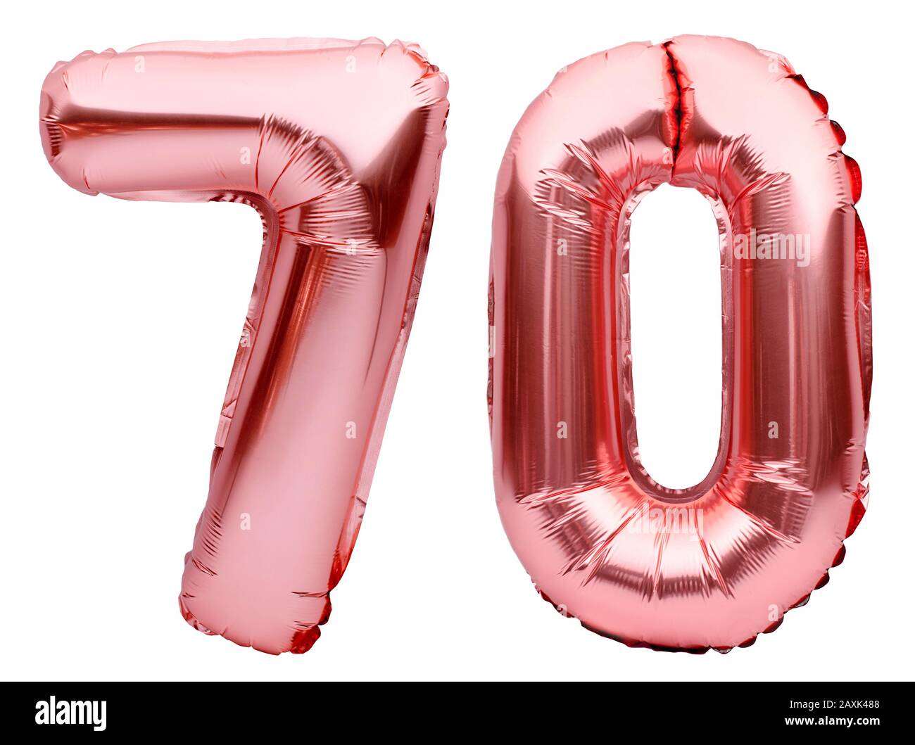Numéro 70 soixante-dix de ballons gonflables roses dorés isolés sur blanc. Ballons d'hélium, numéros de feuilles roses. Décoration de fête, signe anniversaire Banque D'Images