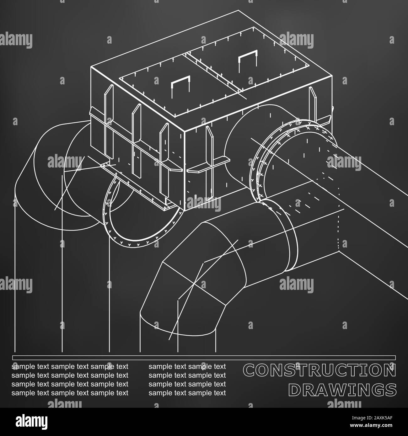 Dessins de structures en acier. Tuyaux et tuyaux. plan tridimensionnel des structures en acier. Fond noir Illustration de Vecteur