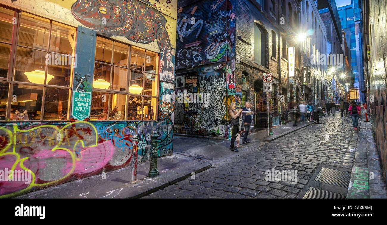 Melbourne, vue sur la ville, la nuit, graffitis, Victoria Province, Australie Banque D'Images