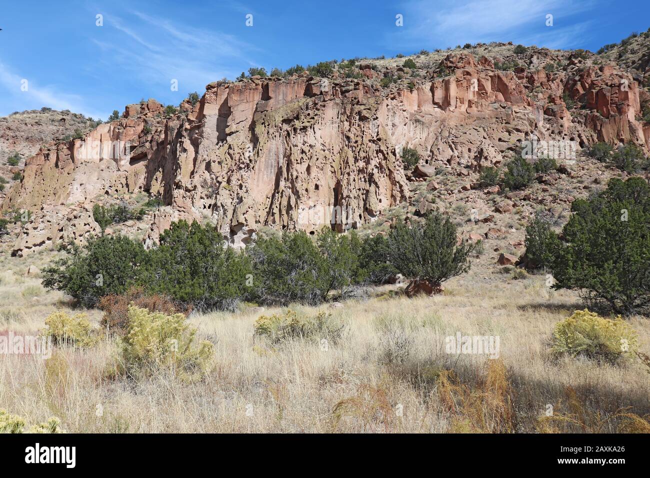 Falaises érodées et végétation d'automne dans le canyon Frijoles au monument national de Bandelier près de Los Alamos, Nouveau-Mexique avec un ciel bleu vif Banque D'Images