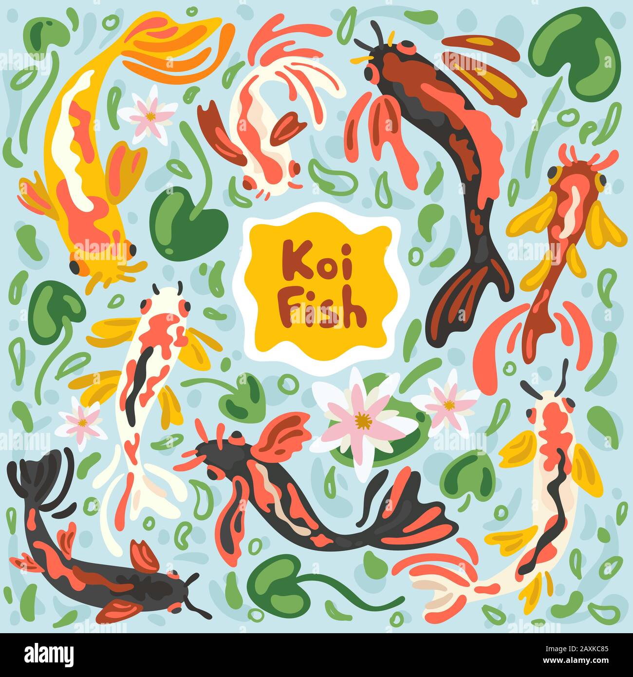 Poissons koi colorés. Illustration de stock vectoriel koi carp abstrait. Japonais, chinois nageant des carpes dans l'étang avec feuille de lotus, fleurs et algues. Moderne Illustration de Vecteur