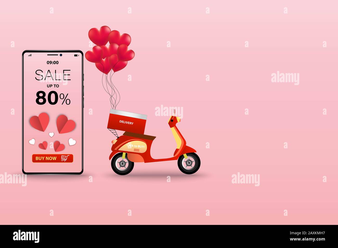 Concept d'affaires de livraison en scooter et application sur mobile, scooter et téléphone que l'affichage montre taux de réduction à livrer en Saint-Valentin. Banque D'Images