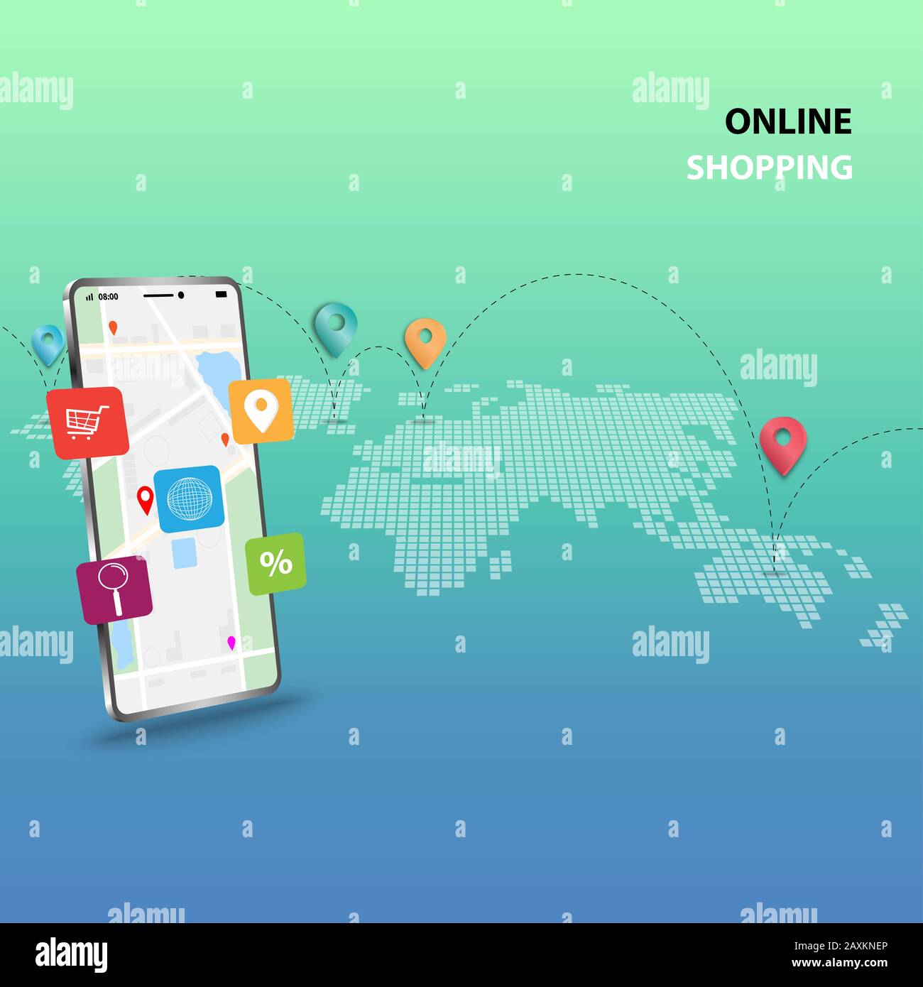 Concept d'affaires des achats en ligne, cinq icônes sur les achats en haut de l'écran qui contient la carte et le GPS. Banque D'Images