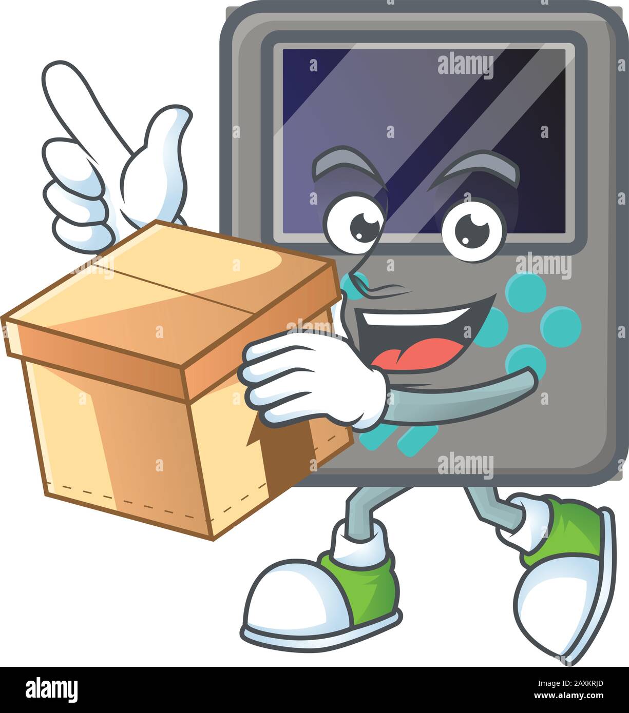 Une charmante console de jeux de style mascotte avec une boîte Illustration de Vecteur
