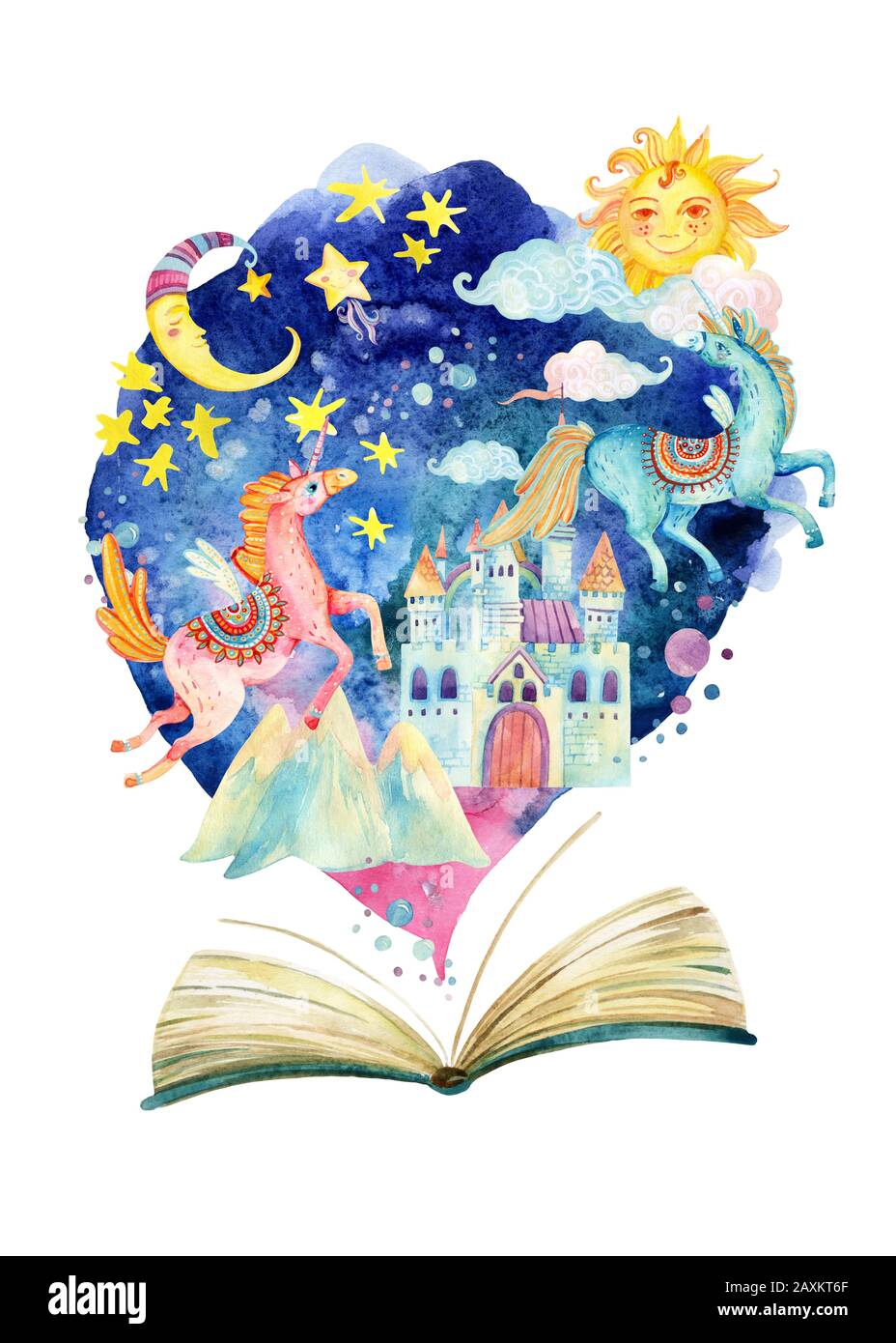 Livre ouvert en aquarelle avec monde magique. Le monde de conte de fées  dans un livre. Ciel étoilé, lune et soleil, château magique, unicornes  volantes. Peint à la main b Photo Stock -