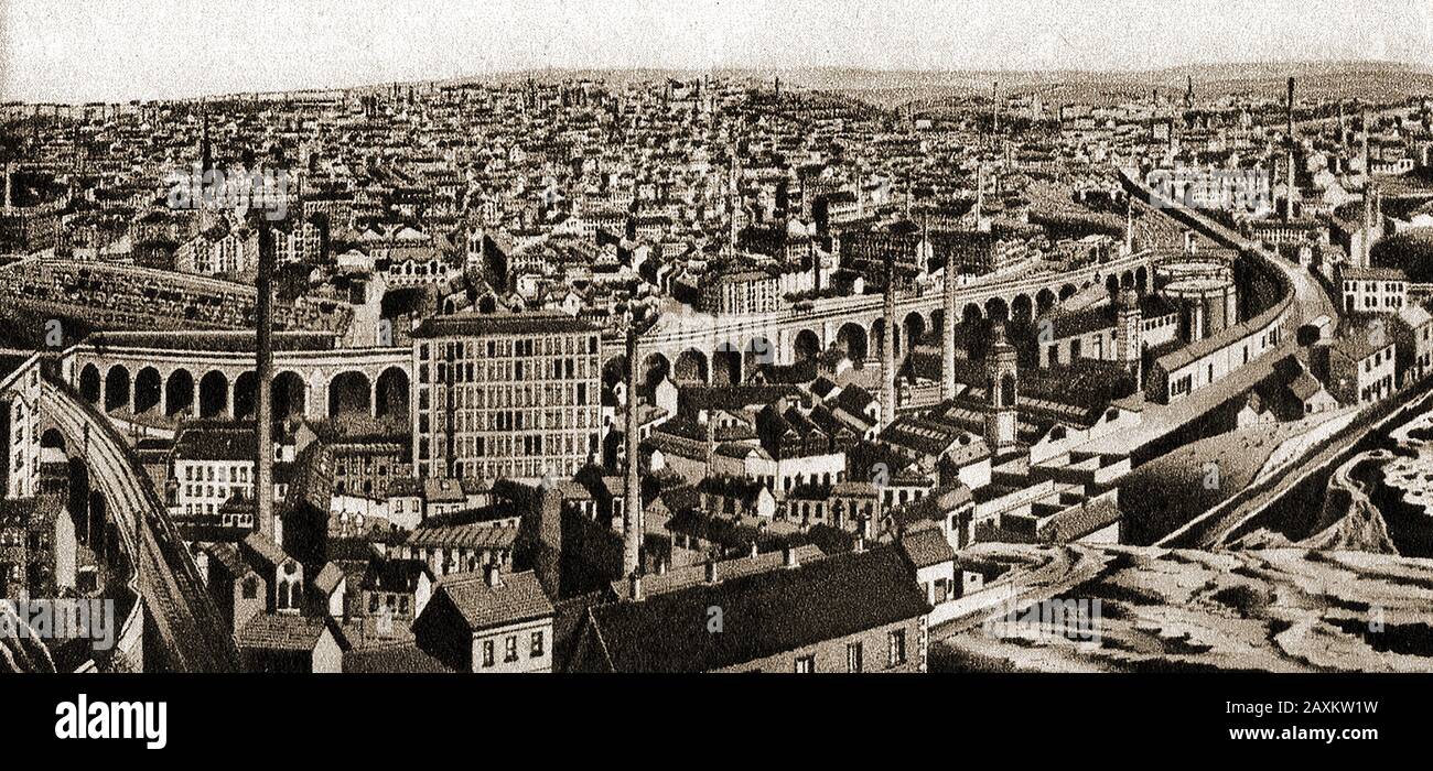 Vue historique de Halifax, Angleterre, depuis Beacon Hill, Southowram. Halifax prétend être la naissance de la révolution industrielle britannique. Les gautorise redoutés d'Halifax ont conduit à ce que « De Hull, en enfer et à Halifax, Le Bon Seigneur, Nous Livre » (The Beggars Litany, John Taylor - 1692). Près de Beacon Hill se trouve Wainhouse Tower, dit être la plus haute folie au monde, construite par John Edward Wainhouse pour espionner le domaine de son concurrent industriel Sir Henry Edward. Banque D'Images