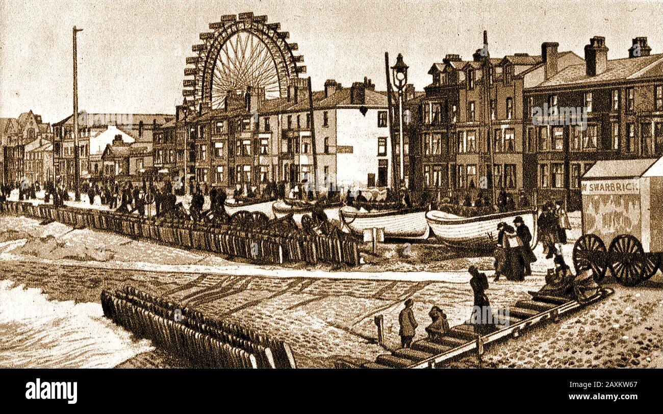 Un vieux imprimé montrant la Grande roue alias Big Wheel et la promenade de Blackpool, en Angleterre. La roue a été ouverte en 1896 après avoir été officiellement ouverte par Mme Pearson, la femme de James Pearson, présidente de la Winter Gardens Company. Elle pourrait transporter mille passagers dans 30 voitures de berline Banque D'Images