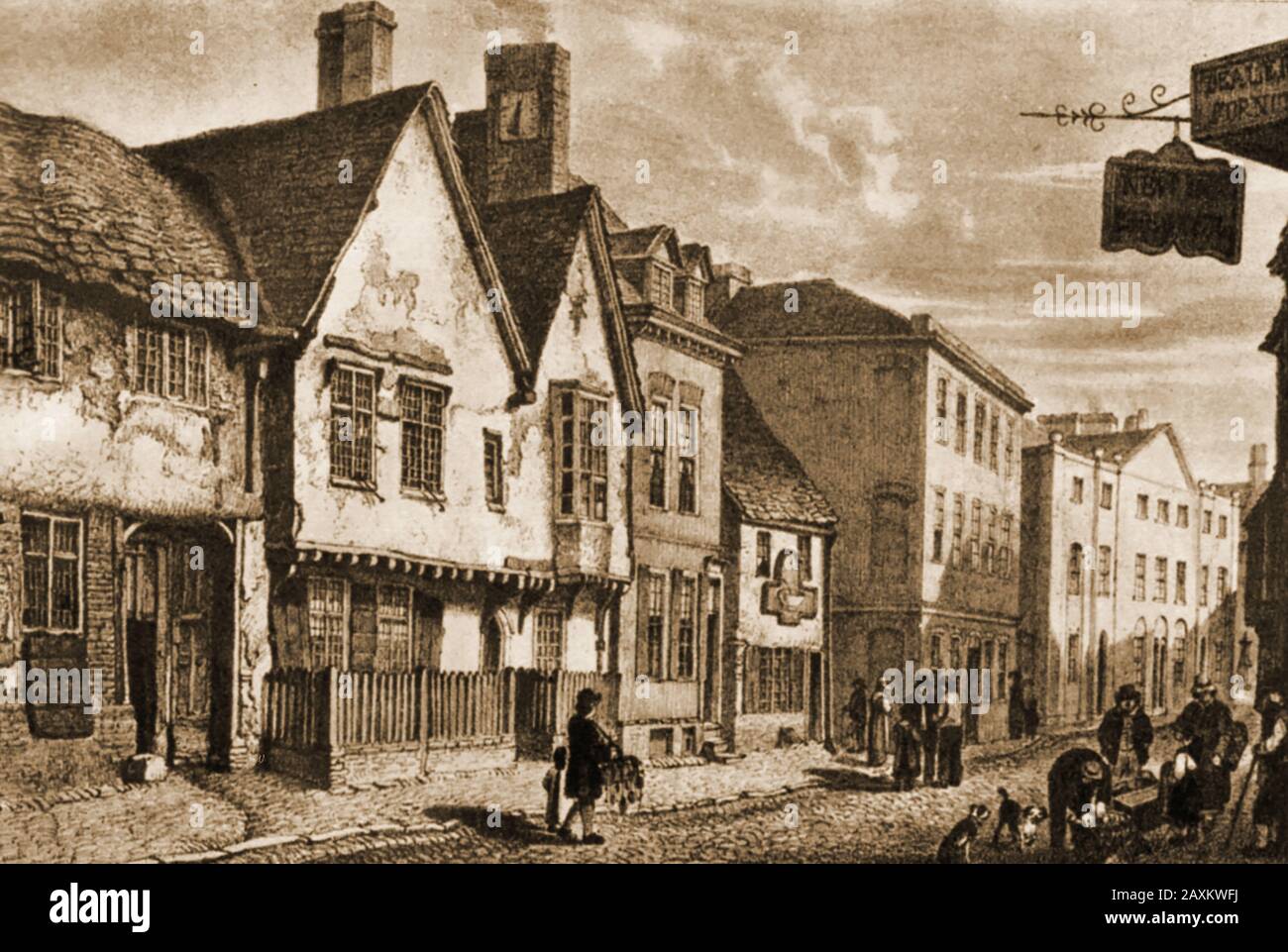 Début des années 1800 - un imprimé historique de South Gate Street, Leicester, Angleterre montrant une maison de café (centre) et le signe New Inn (Droite). En 1840, la ville était reliée à la ligne de chemin de fer Midland Counties et au réseau national. Banque D'Images