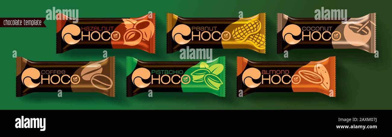 Barre de chocolat vector design packaging. Chocolat noix ensemble. Illustration de Vecteur