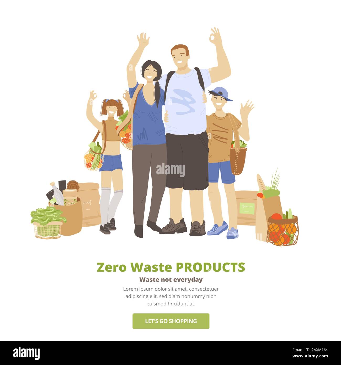 Illustration vectorielle d'une famille joyeuse d'hommes, de femmes et de deux enfants, ensergeant, se foulant les mains, montrant le signe OK et tenant Zero Waste Ecological Illustration de Vecteur