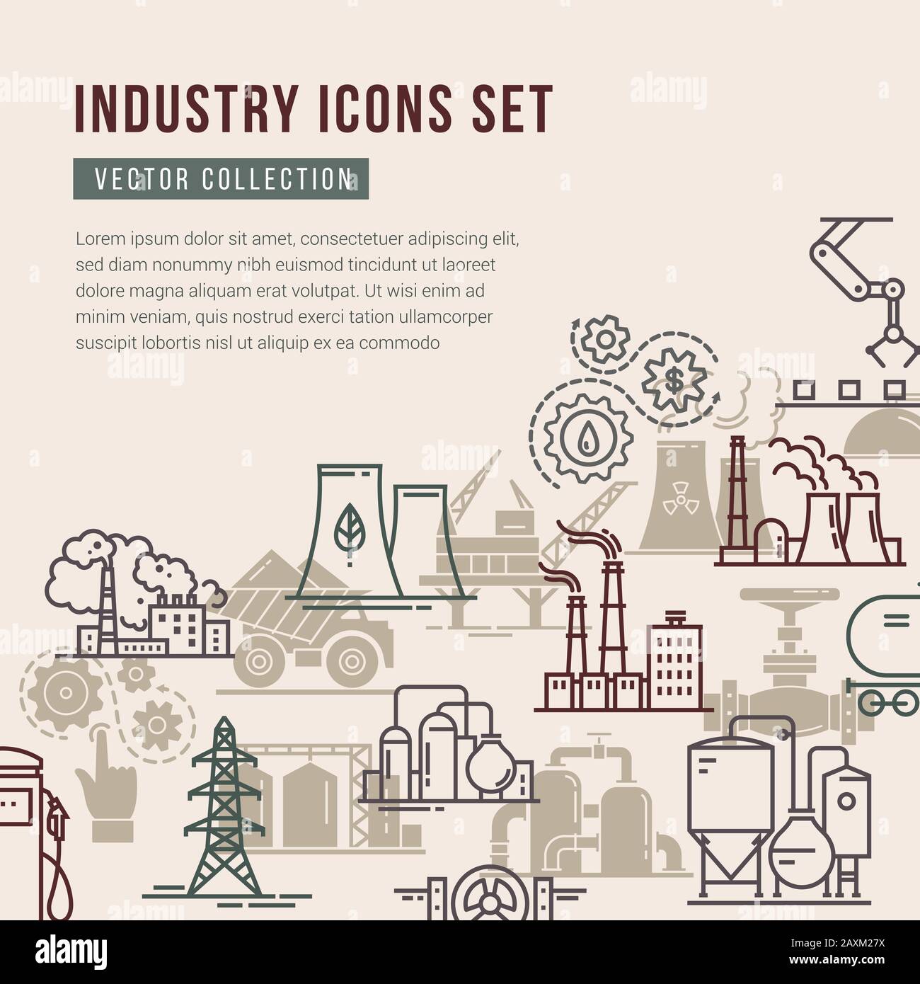 Collection Vector avec un ensemble d'icônes industrielles de style linéaire et plat. Illustration de Vecteur