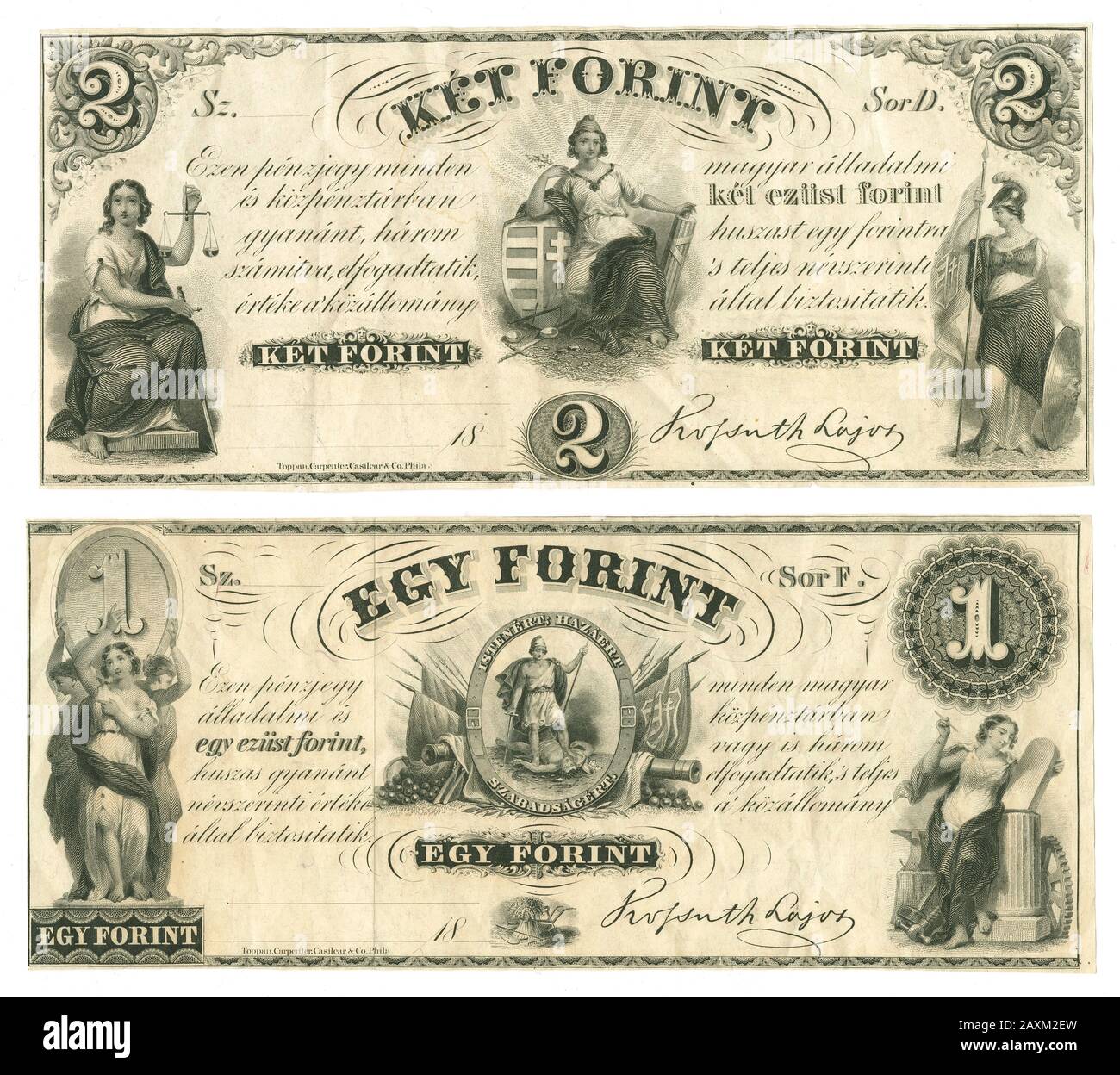 Anciens 1850 billets de banque de forint de Hongrie en 1 et 2 dénominations, imprimés par Toppan, Carpenter, Casilear & Co. À Philadelphie, Pennsylvanie. Banque D'Images