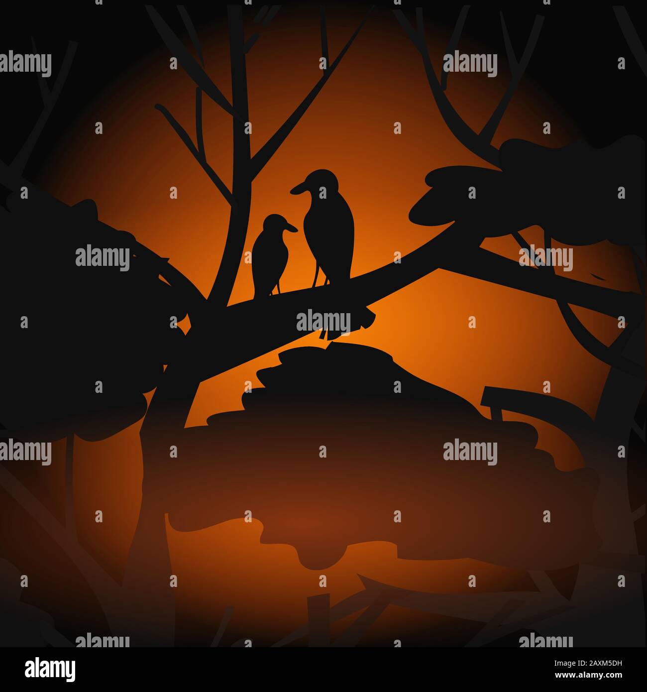 silhouettes d'oiseaux assis sur la branche s'échappant des incendies en australie animaux mourant dans des feux de forêt concept de catastrophe naturelle intense de flammes d'orange illustration vectorielle Illustration de Vecteur
