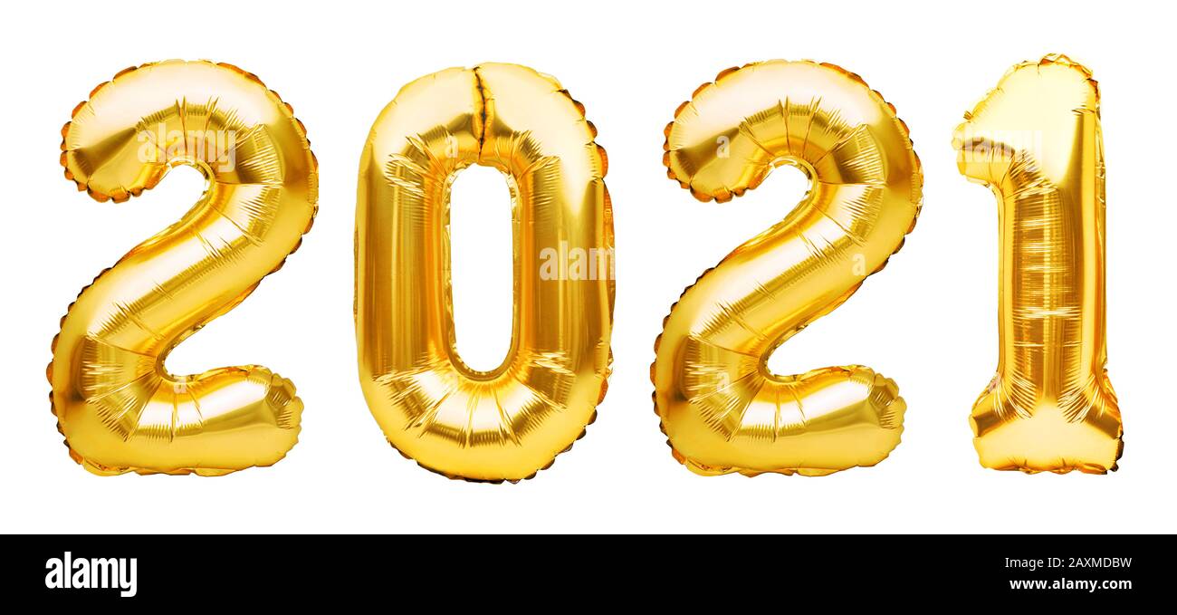 Golden Christmas 2021 ballons isolés sur fond blanc. Ballons d'hélium, numéros de feuilles d'or. Numéros Pour Le Nouvel An 2021. Décoration de fête Banque D'Images