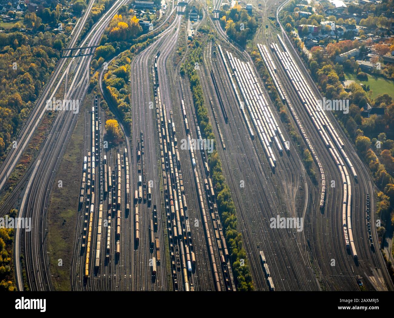 Tirs aériens, dépôt de fret Hamm, transport, transport express interurbain, transport ferroviaire, aires de stationnement de wagons, voies, triage, Hamm, R Banque D'Images