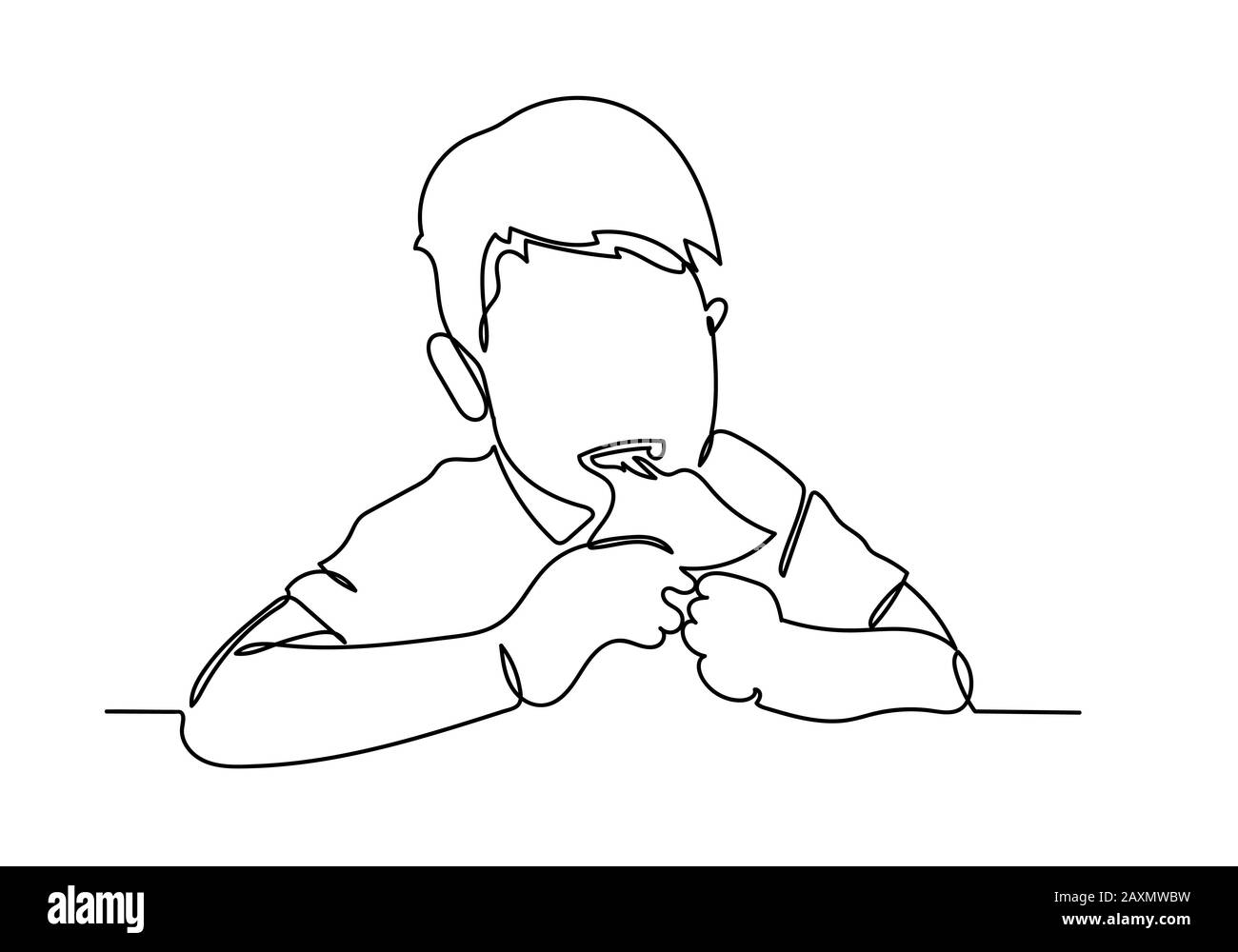 La ligne continue de garçon asiatique est heureuse de manger de la pizza avec un fromage chaud fondu étiré. Banque D'Images