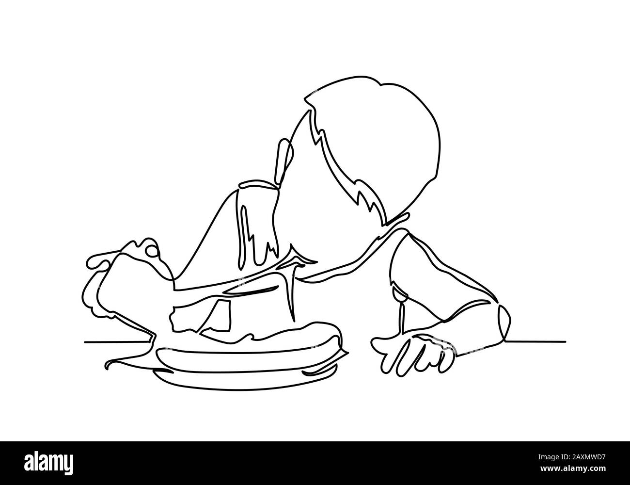 La ligne continue de garçon asiatique est heureuse de manger de la pizza avec un fromage chaud fondu étiré. Banque D'Images