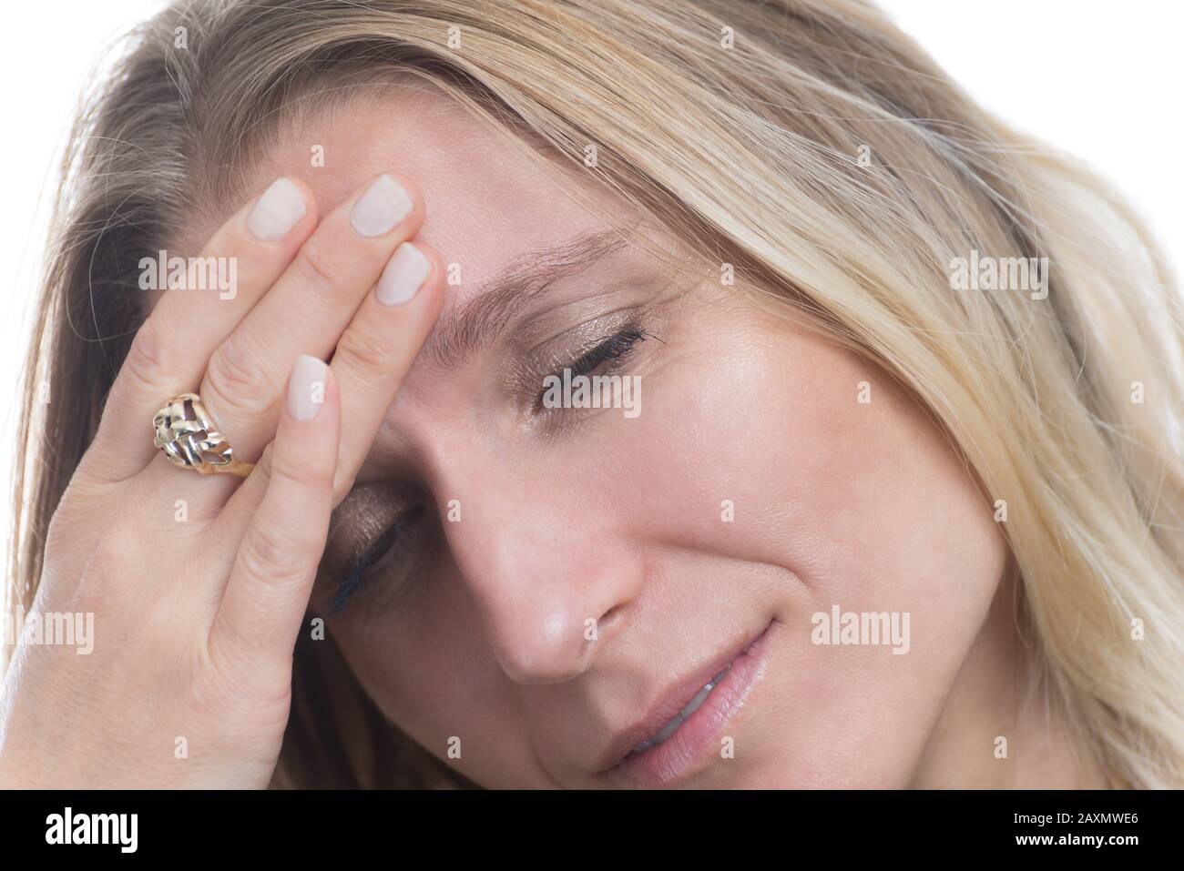 Portrait d'une femme ayant une migraine, mal de tête Banque D'Images