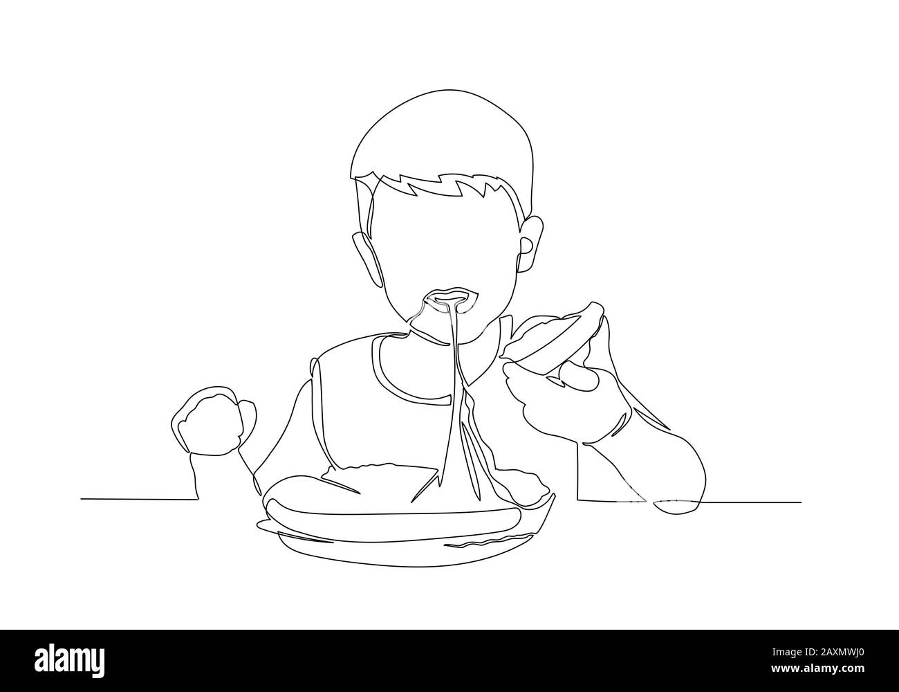 La ligne continue de garçon asiatique est heureuse de manger de la pizza avec un fromage chaud fondu étiré. Banque D'Images