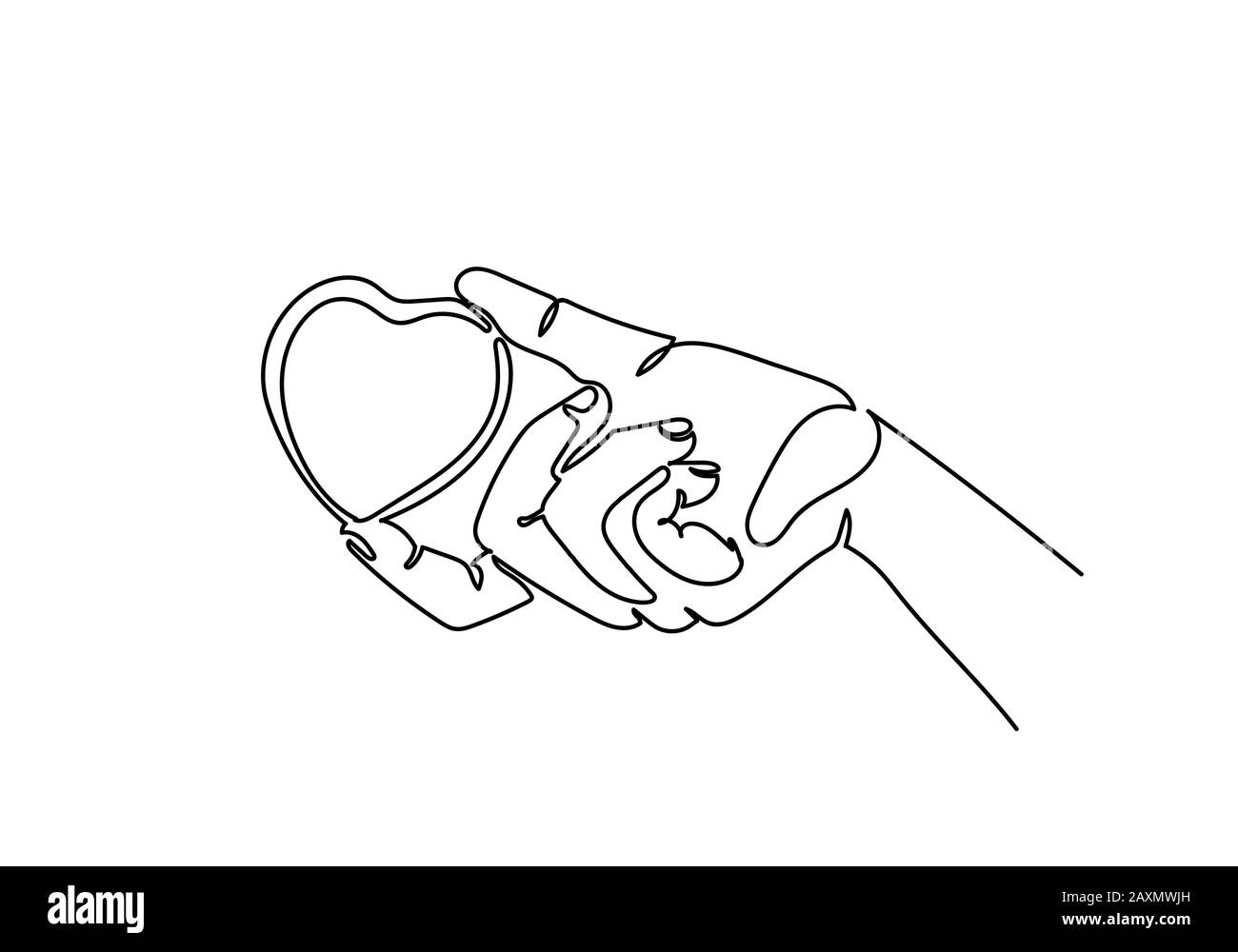 Un dessin en ligne continue de la main tenant la forme du cœur, illustration vectorielle Banque D'Images
