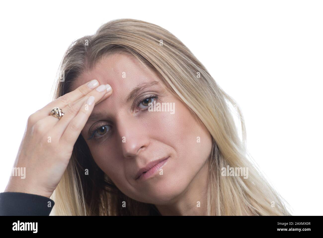 Portrait d'une femme ayant une migraine, mal de tête Banque D'Images