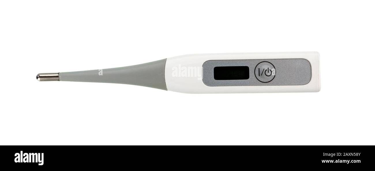 Thermomètre médical isolé sur fond blanc avec masque. Thermomètre médical numérique. Banque D'Images