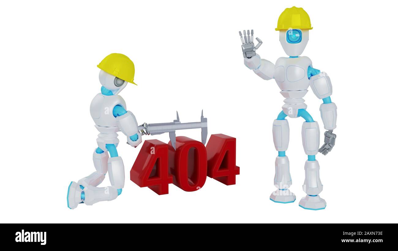 Les robots des travailleurs de la construction corrigeant l'erreur 404. Banque D'Images