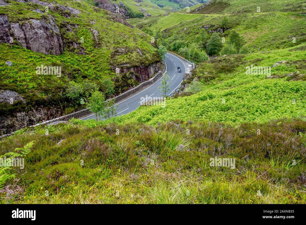 Une seule moto qui conduit autour d'un virage dans la route de campagne menant à travers une vallée luxuriante dans les Highlands écossais d'Écosse en été Banque D'Images