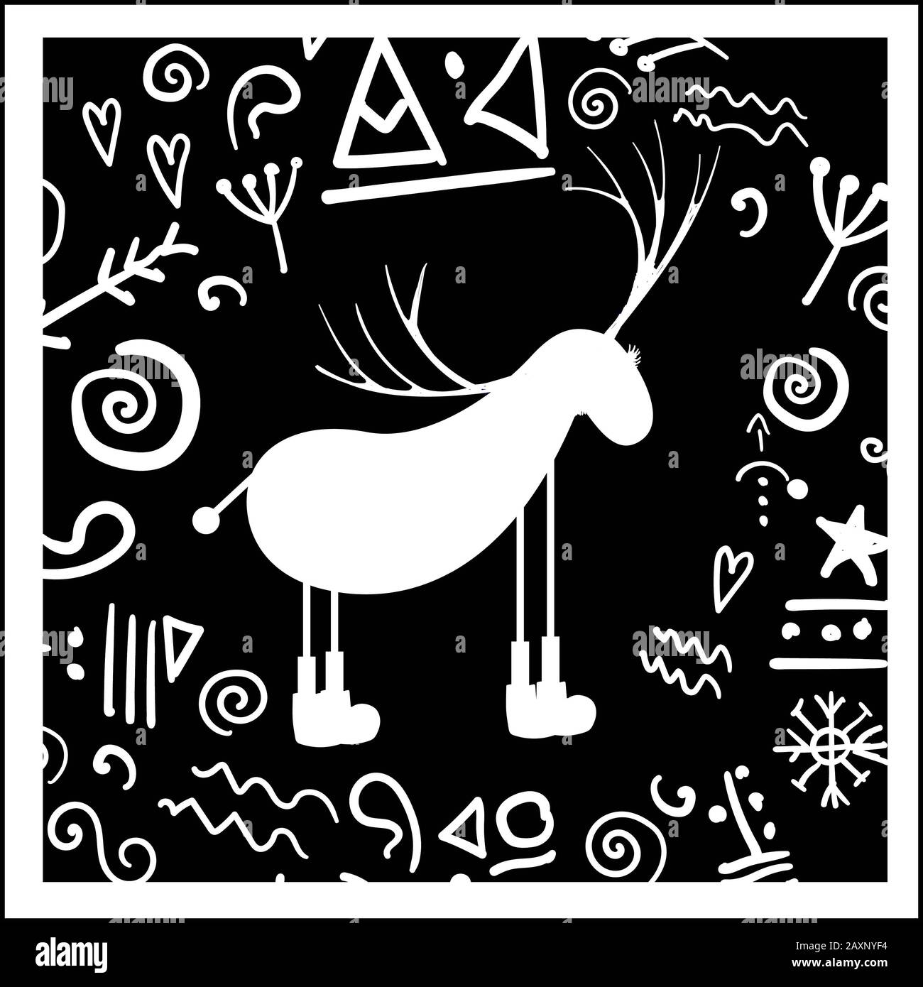 Joyeux Noël et Bonne Année carte de voeux illustration art populaire. Cerfs colorés faits de décoration scandinave traditionnel sur papier bac texture Banque D'Images