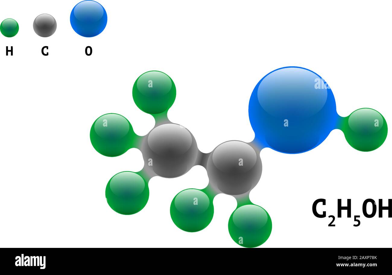 Modèle de chimie molécule éthanol C2H5OH formule d'éléments scientifiques. Particules intégrées alcool 3D inorganique naturel composé de structure moléculaire. L'oxygène du carbone et l'atome d'hydrogène vecteur eps sphères Illustration de Vecteur