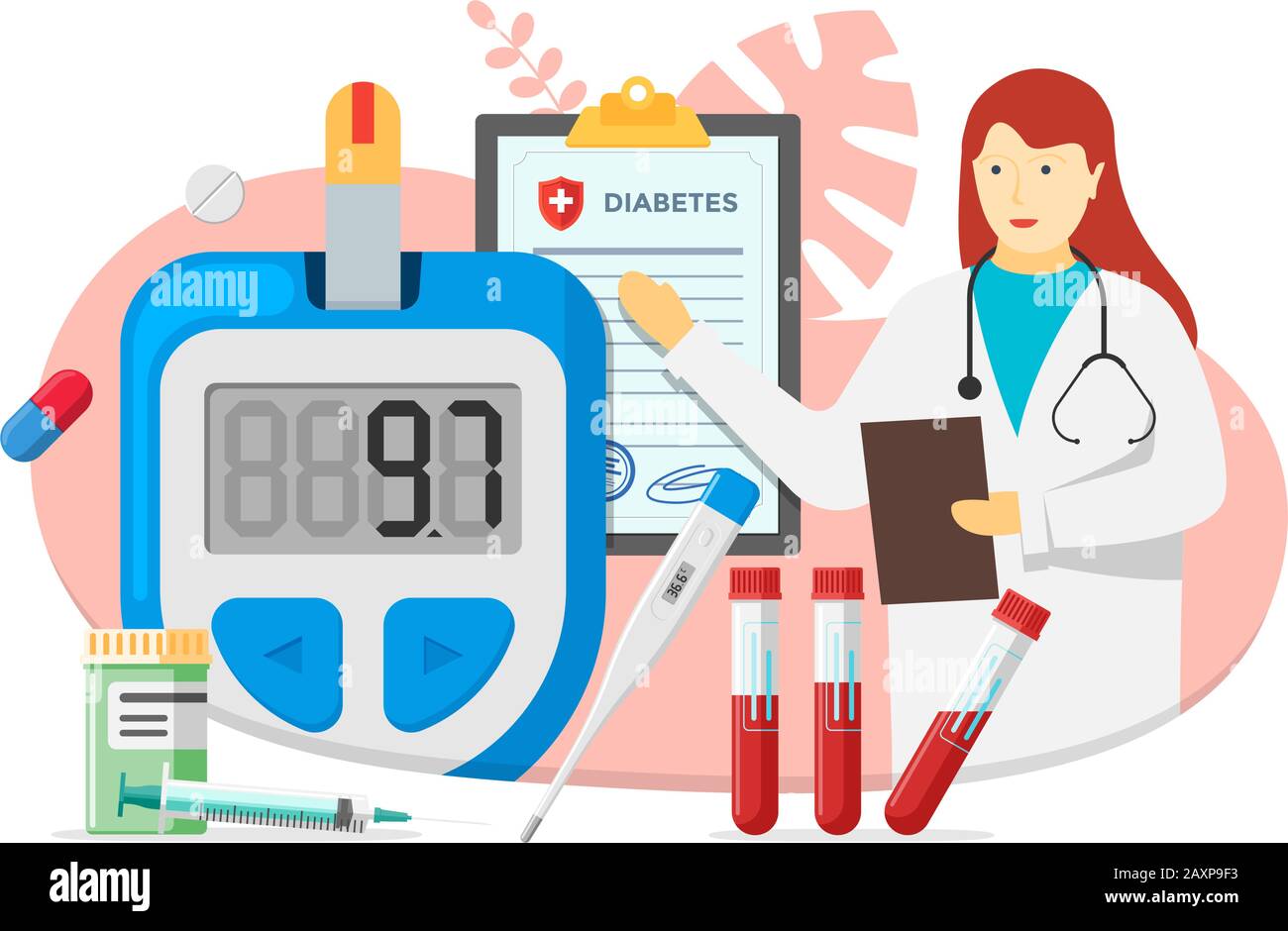 Médecin femme avec glucomètre pour mesurer le taux de sucre et le diabète diagnostic médical formulaire vierge. Glucomètre diabétique avec pilules et tubes à essai. Équipement de laboratoire et illustration de la seringue Illustration de Vecteur