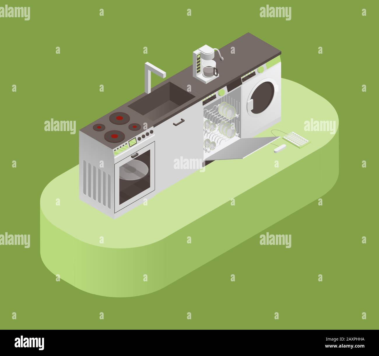 Illustration isométrique vectorielle de l'équipement de cuisine et des appareils ménagers. Machine à laver, machine à lave-vaisselle, remplie de plaques propres, machine à café et cuisinière électrique concept. Illustration de Vecteur