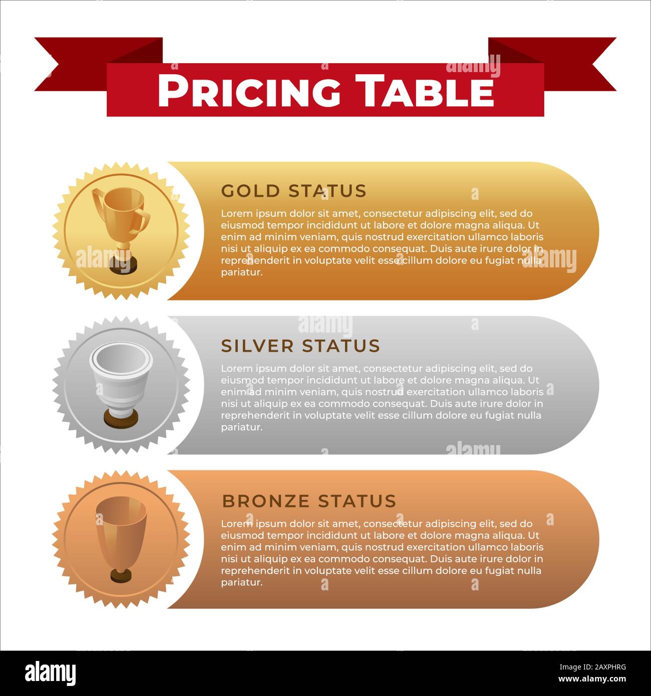 Modèle de création de bannière de table de tarification. Gold, Silver et bronze CUPS illustration isométrique avec espace texte pour les résultats de compétition ou de tournoi. Première, deuxième et troisième place catégorie de page Web concept. Illustration de Vecteur