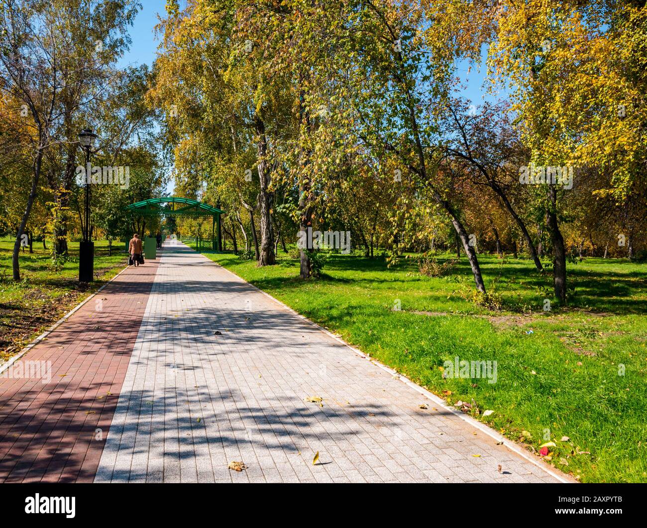 Chemin à travers les arbres d'automne dans le Parc central de la culture et Du Repos, Irktusk, Sibérie, Fédération de Russie Banque D'Images