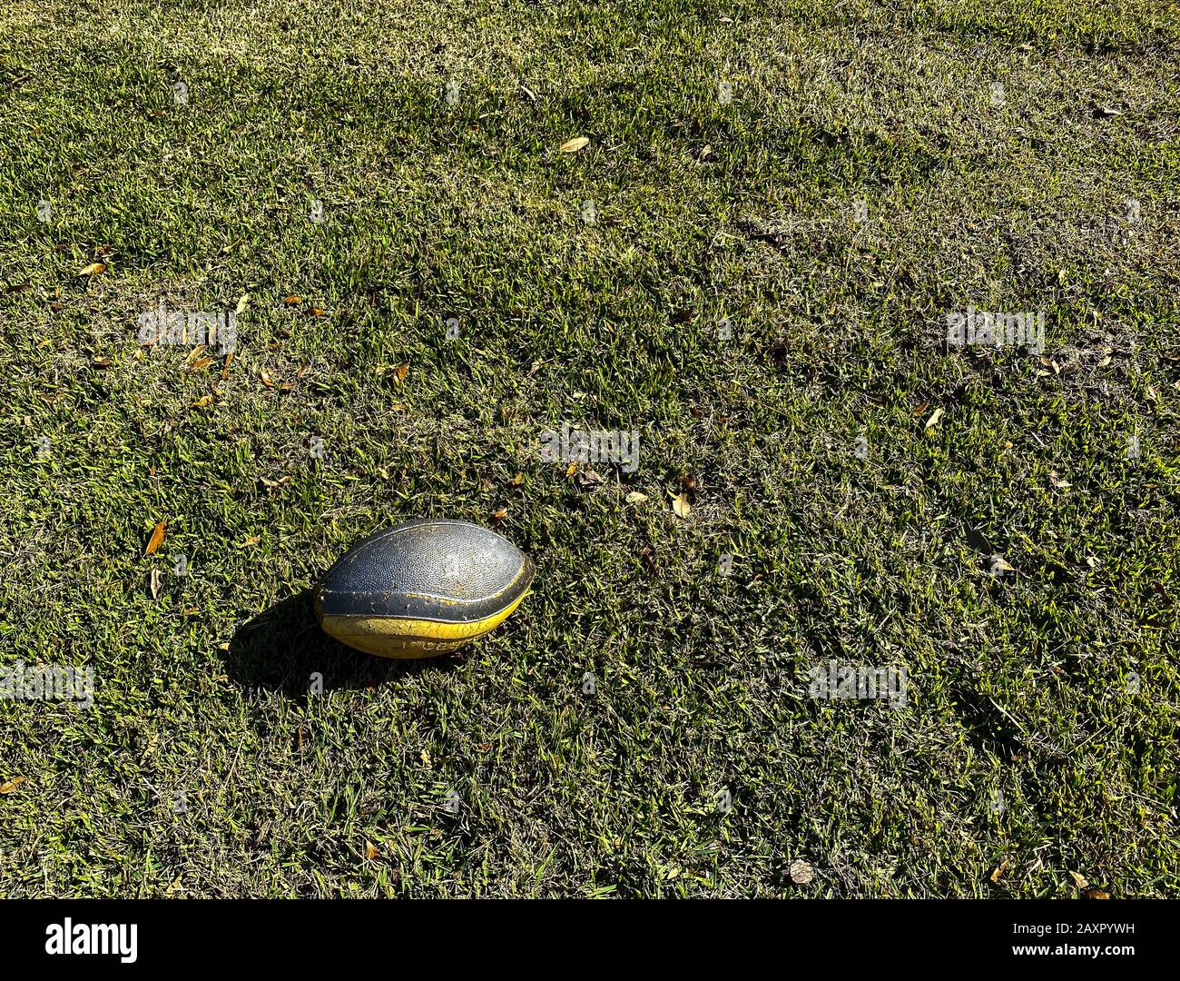 Un football abandonné sur l'herbe dans un parc, un jardin ou une cour attendant que les enfants viennent jouer au ballon. Banque D'Images